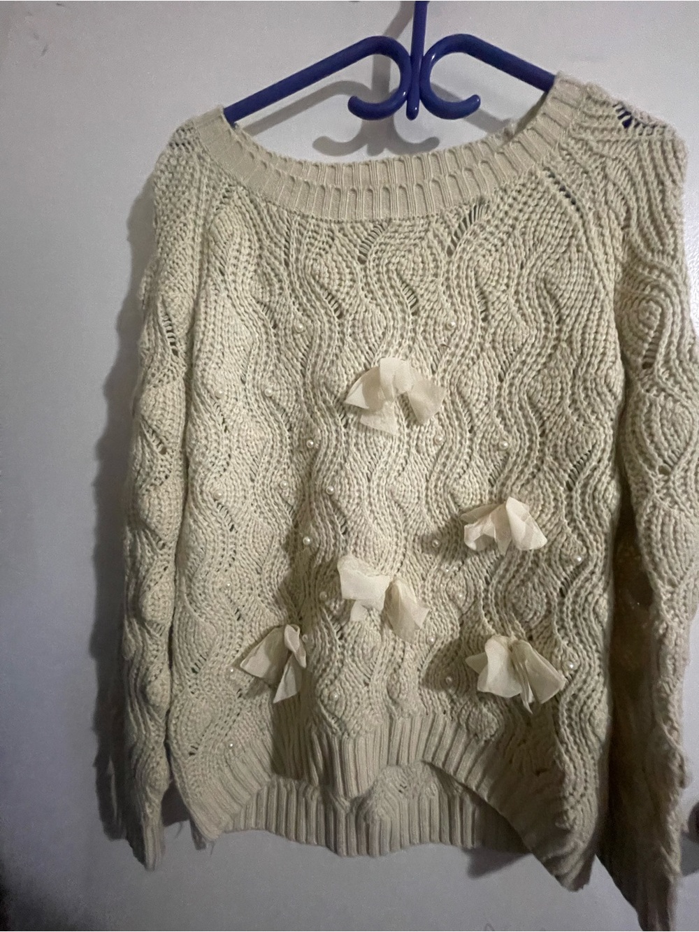 Alythea Cream Cable-Knit Bow-Accent Sweater